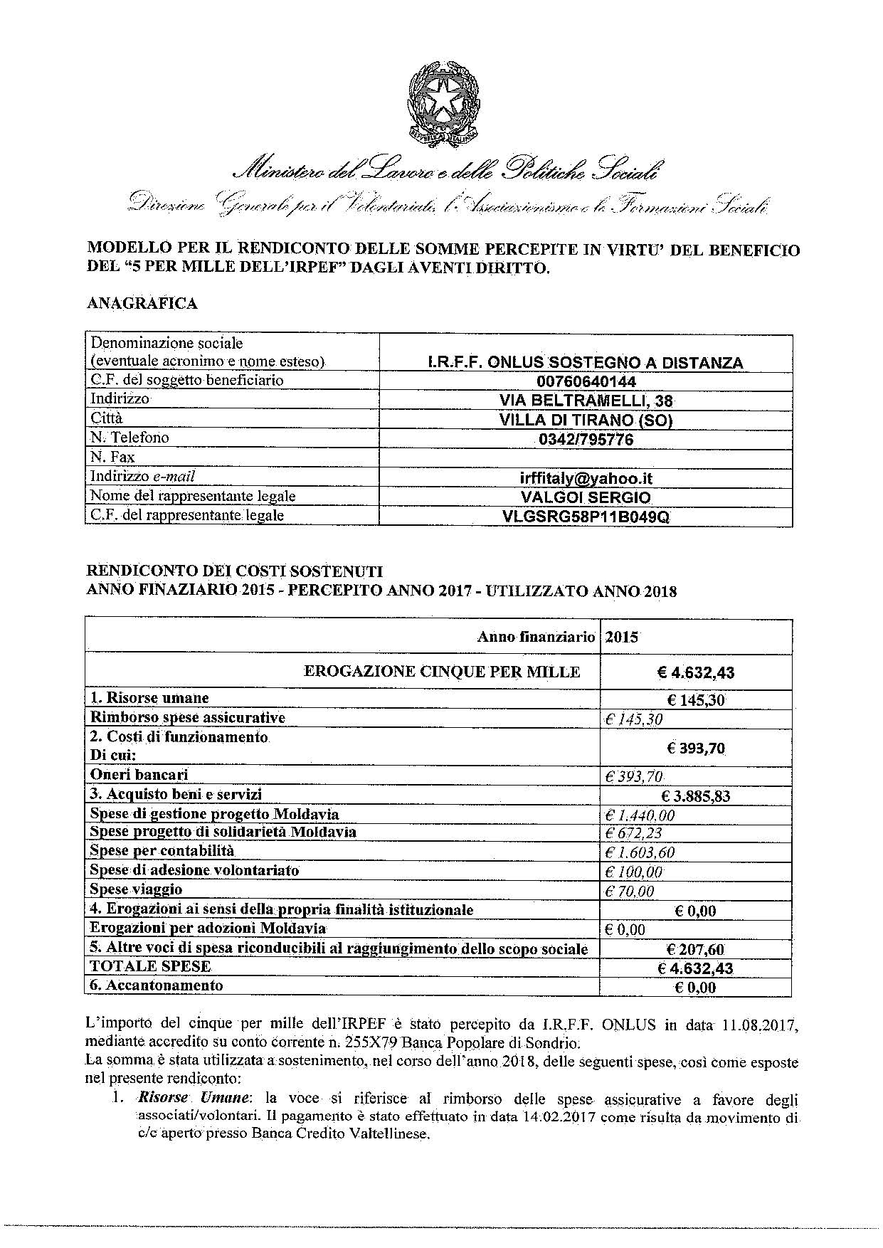 percepito 2017 Rendicontazione 2018 Pagina 1